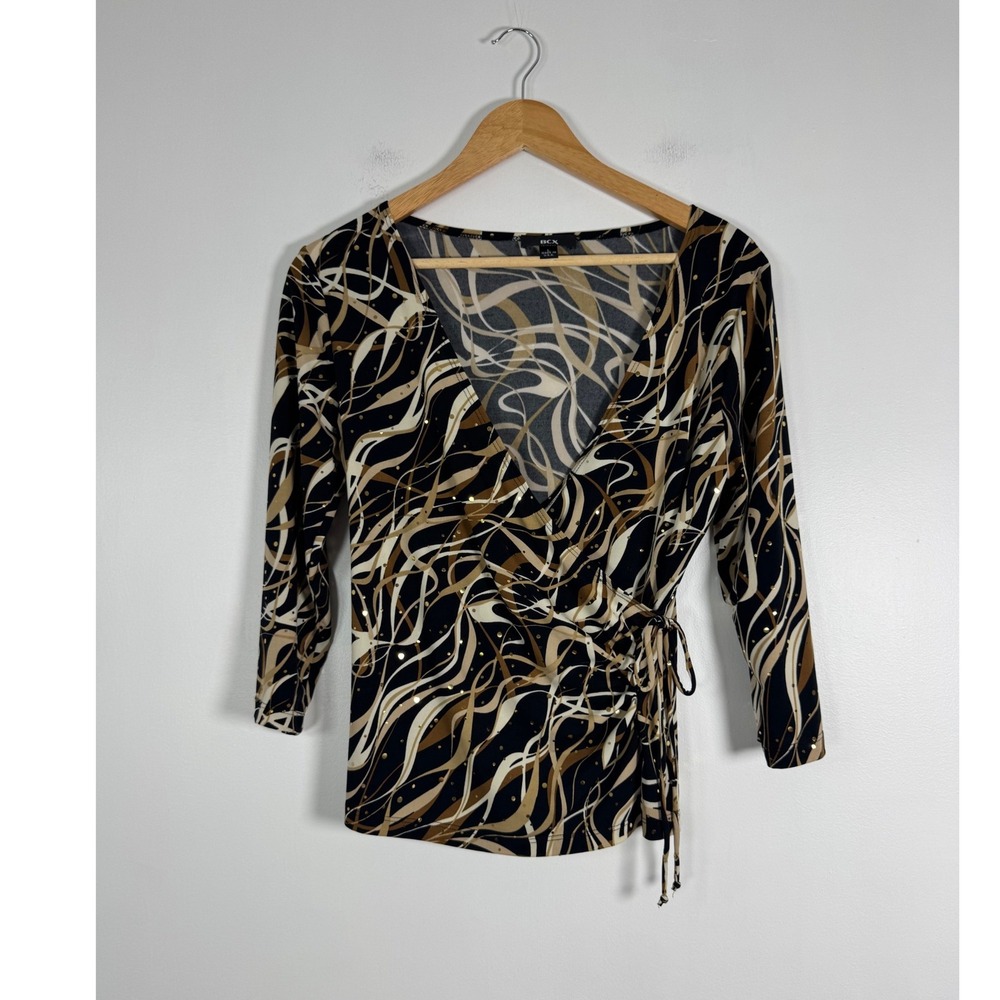 Y2K BCX Womens Large Wrap Top Black Gold Abstract Swirl Studded 3/4 Sleeve USA